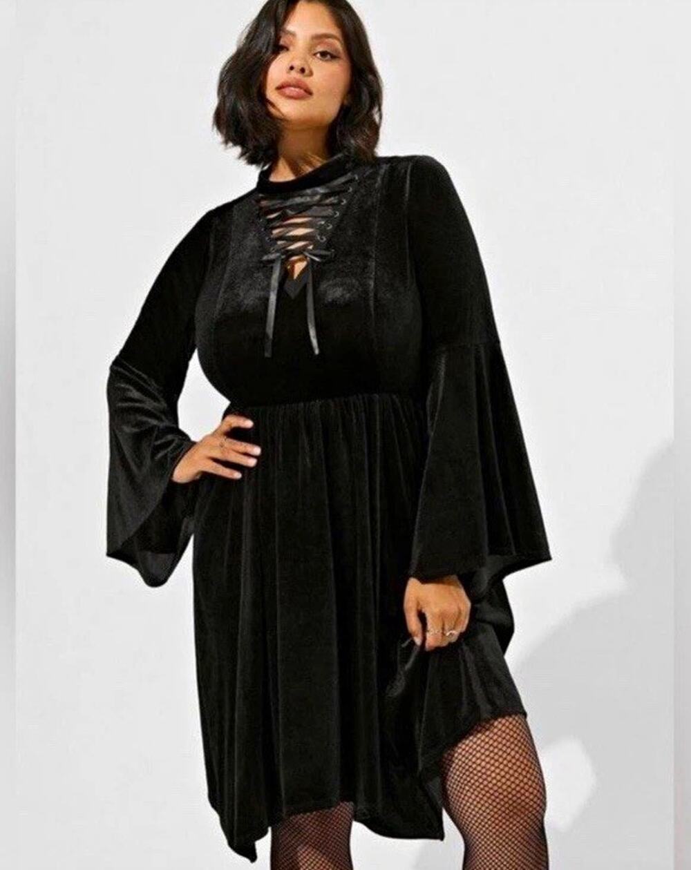 Torrid Nightfall Black Velvet Lace-Up Mock Neck Bell Sleeve A-Line Dress 3X Goth